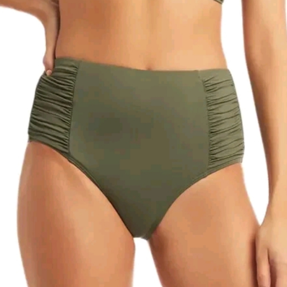 Nwot Sea Level Australia Olive Green Hi Rise Gathered Side Bikini Bottoms Sz 6 View 2